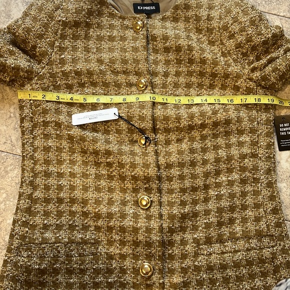 SOLD EXPRESS long tweed blazer metallic bronze gold tan worn by celebrity - Picture 14 of 17